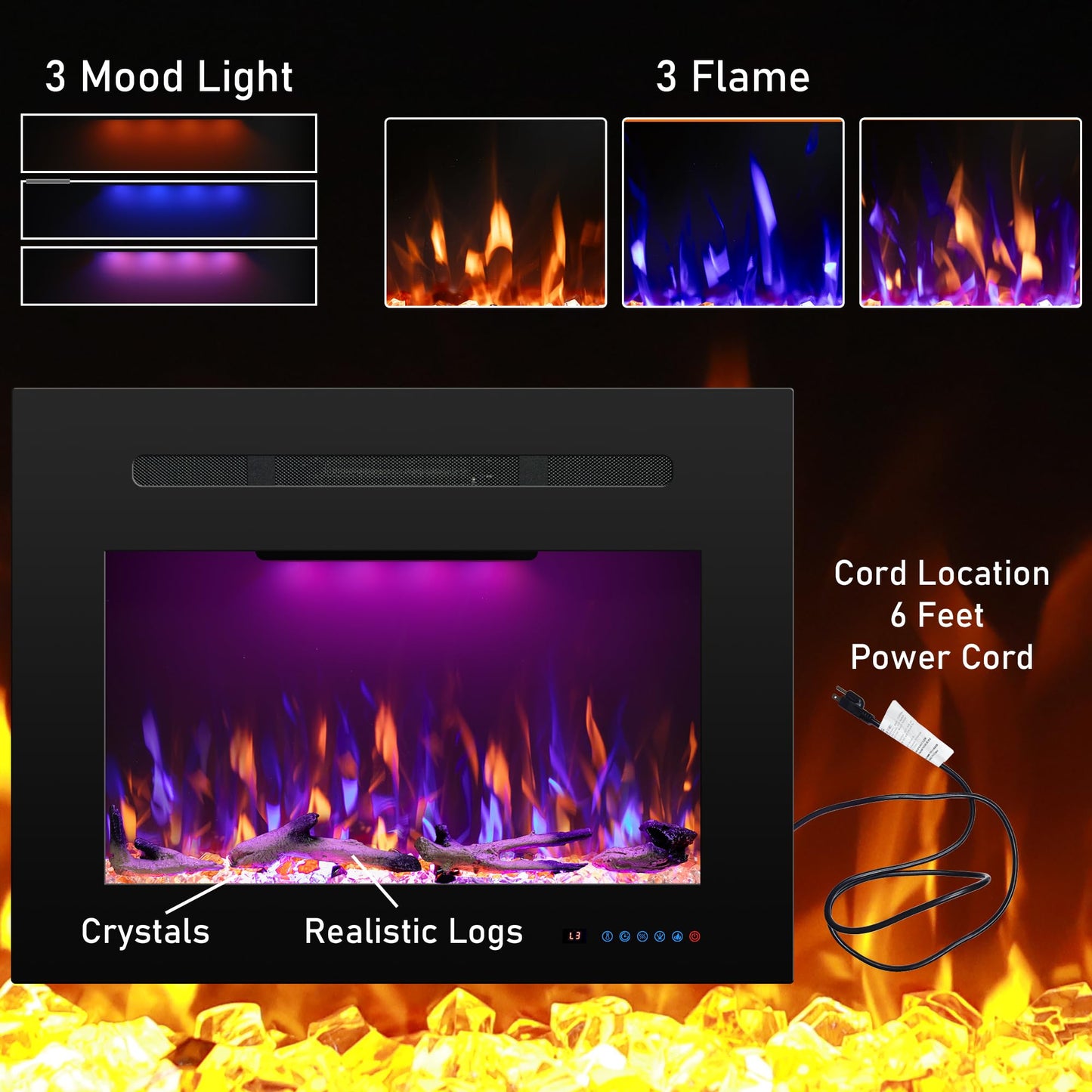Rodalflame Electric Fireplace Inserts with 3 Flame & Top Light, Recessed Fireplace Heater, Thermostat, 750/1500W, Crackling Sound, Logs & Crystals, Timer, 32.2" W x 26" H Rear, No Wall Mount