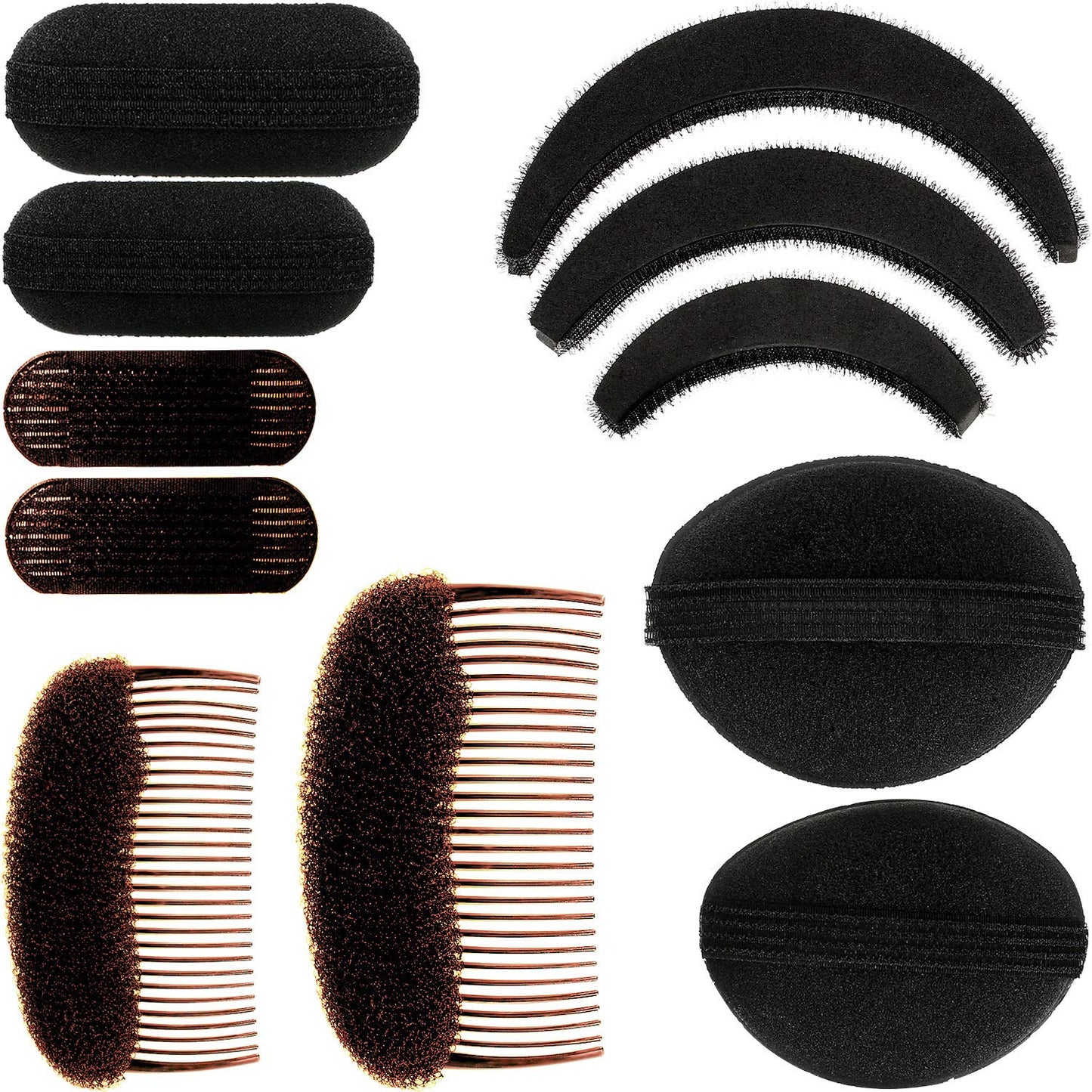 11 Pieces Sponge Volume Hair Bases Set Bump it Up Inserts Styling Tools Bump Up Combs Clips Sponge Hair Bun Updo Accessories for Women DIY Hairstyles(Black, Brown)