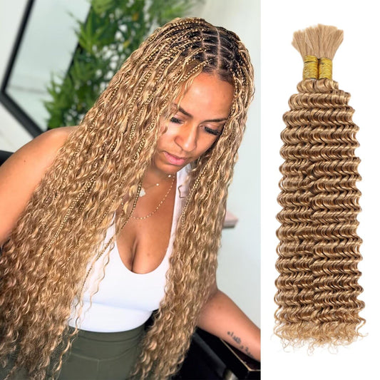 Blonde Braiding Hair 100g 16 Inch Deep Water Wave 2 Bundle Bulk Human Hair for Braiding Highlight Honey Blonde Curly Hair Extensions for Boho Braids Wet and Wavy Color 27 Human Braiding Hair