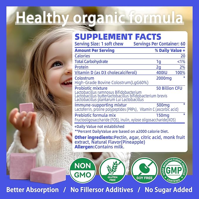 Bovine Colostrum Chews Supplement with probiotics for Gut Health, Bloating, Immune Support, Skin, Hair Growth and Beauty - Blueberry Flavor (60 Servings)