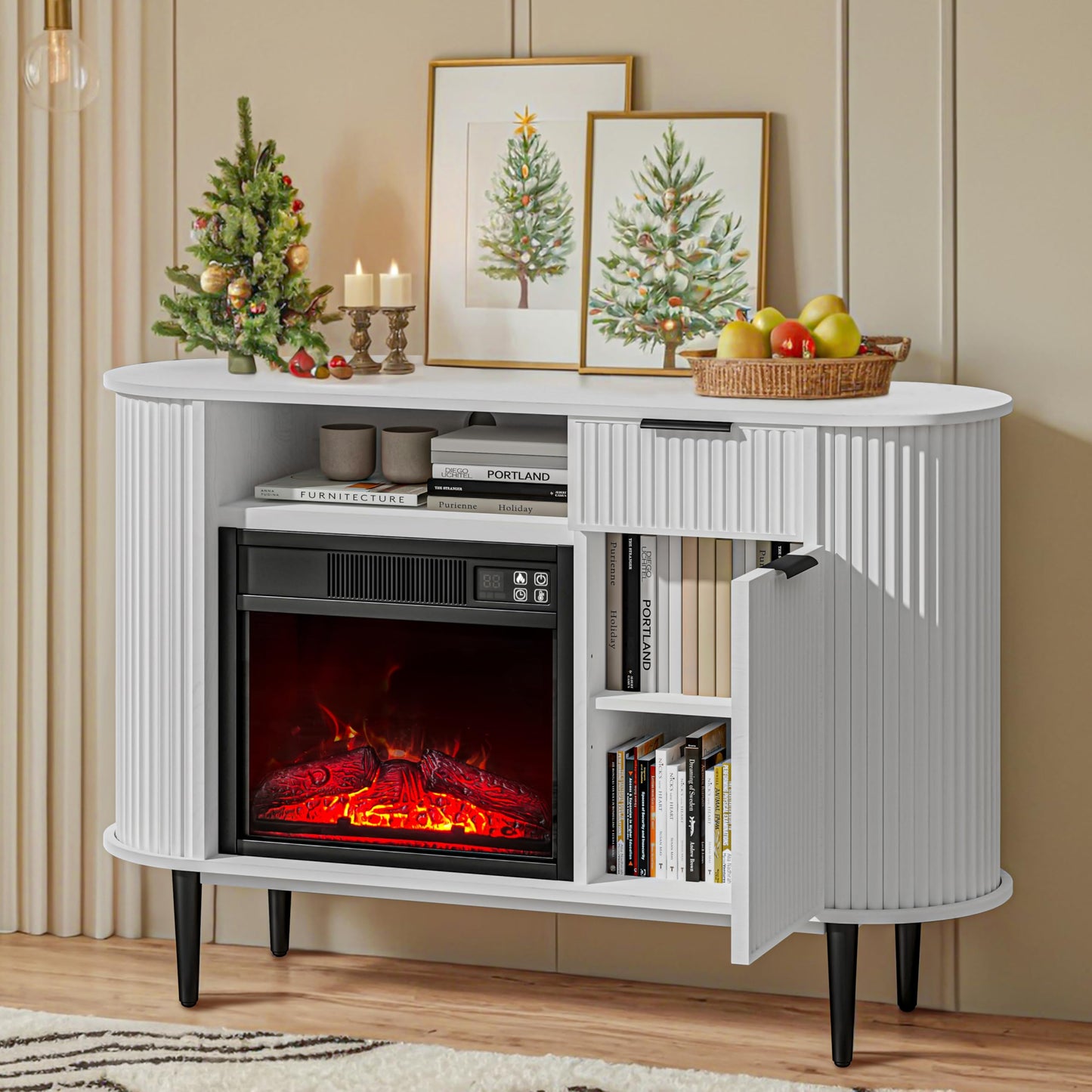OLD CAPTAIN Electric Fireplace, 50" Electric Fireplace TV Stand, Fireplace Console with Curved Profile Design, Modern Entertainment Center with Storage, Media Console with Fireplace, White