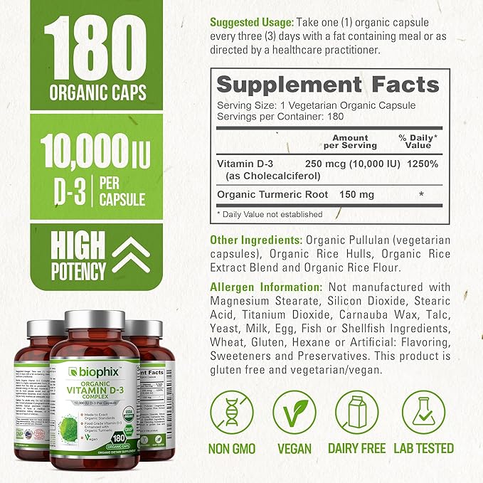 biophix Organic Vitamin D-3 Complex 10000 IU 180 Vcaps with Turmeric - High-Potency Supports Strong Bones Immune Health