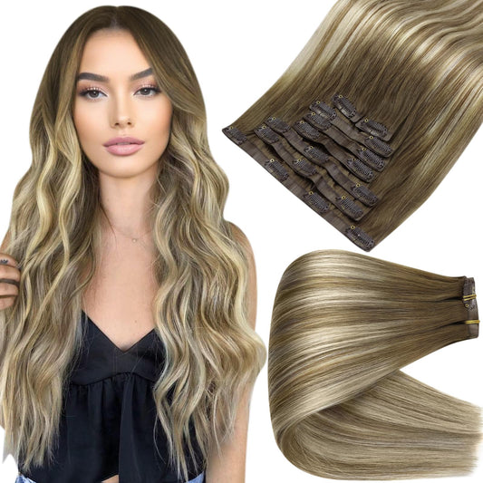 Full Shine Short Hair Extensions Clip ins Brown Balayage Seamless Clip in Hair Extensions with Pu Weft Chestnut Brown Ombre Platinum Blonde Clip in Extensions for Women 12 Inch 8 Pcs 95 Grams