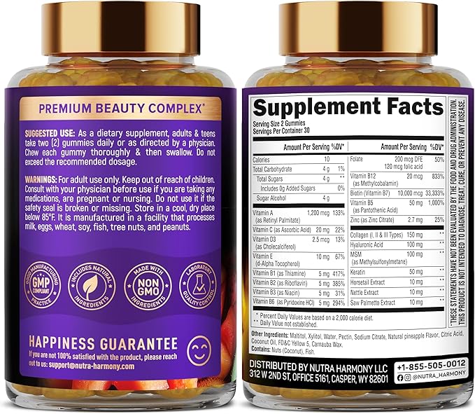 Biotin Gummies with Collagen - Hair Growth Support Skin & Nail Strength - for Women & Men - Biotin 10000mcg | Keratin | Hyaluronic Acid | B-Complex | Saw Palmetto - Sugar-Free, Tropical Mix - 60 Gummy