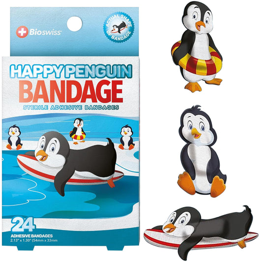 BioSwiss Bandages, Penguin Shaped Self Adhesive Bandage, Latex Free Sterile Wound Care, 24 Count