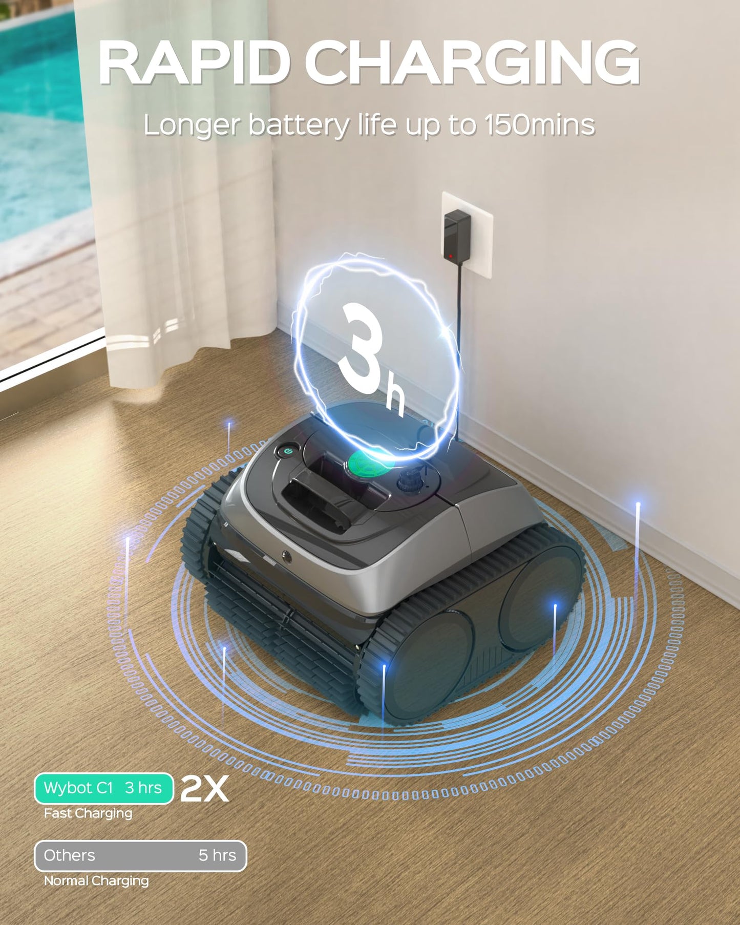 WYBOT C1 Robotic Pool Vacuum for Inground Pools, 150min Runtime Cordless Pool Cleaner up to 1,614Sq.ft, Wall & Waterline Cleaning, 4-in-1 Smart Navigation, App Support