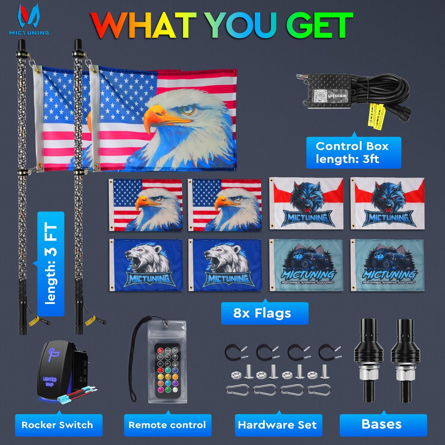 MICTUNING 2pc 3ft Spiral LED Whip Lights with 8 Flags, RF Remote and App Control, RGB Chasing Lighted with Rocker Switch, Music Synced Whips Lights Kit for UTV ATV Polaris RZR Can-Am