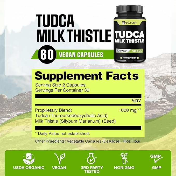 1000mg Tudca Supplement with Milk Thistle Extract - 60 Vegan Capsules - Support for Immune System, Digestion Health, Body Purification & Brain Health