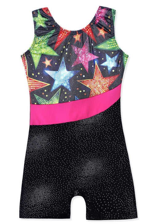 Gymnastics Leotards for Toddler Girls Biketard 3t 4t Sparkle Colroful Stars Pattern Sleeveless Biketards Hotpink Black (Stars, 3-4T)