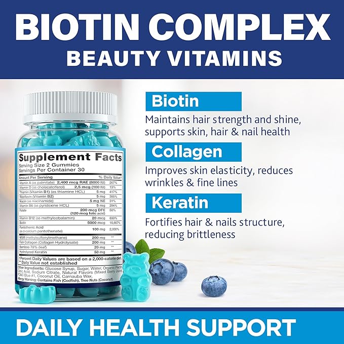 Biotin Collagen Keratin Gummies - Multivitamin Natural for Hair, Skin & Nails with Vitamin A, D, B7 - Anti Aging Collagen Gummy Vitamins for Men & Women, Hair & Nail Growth Supplement - 60 Gummy Bears