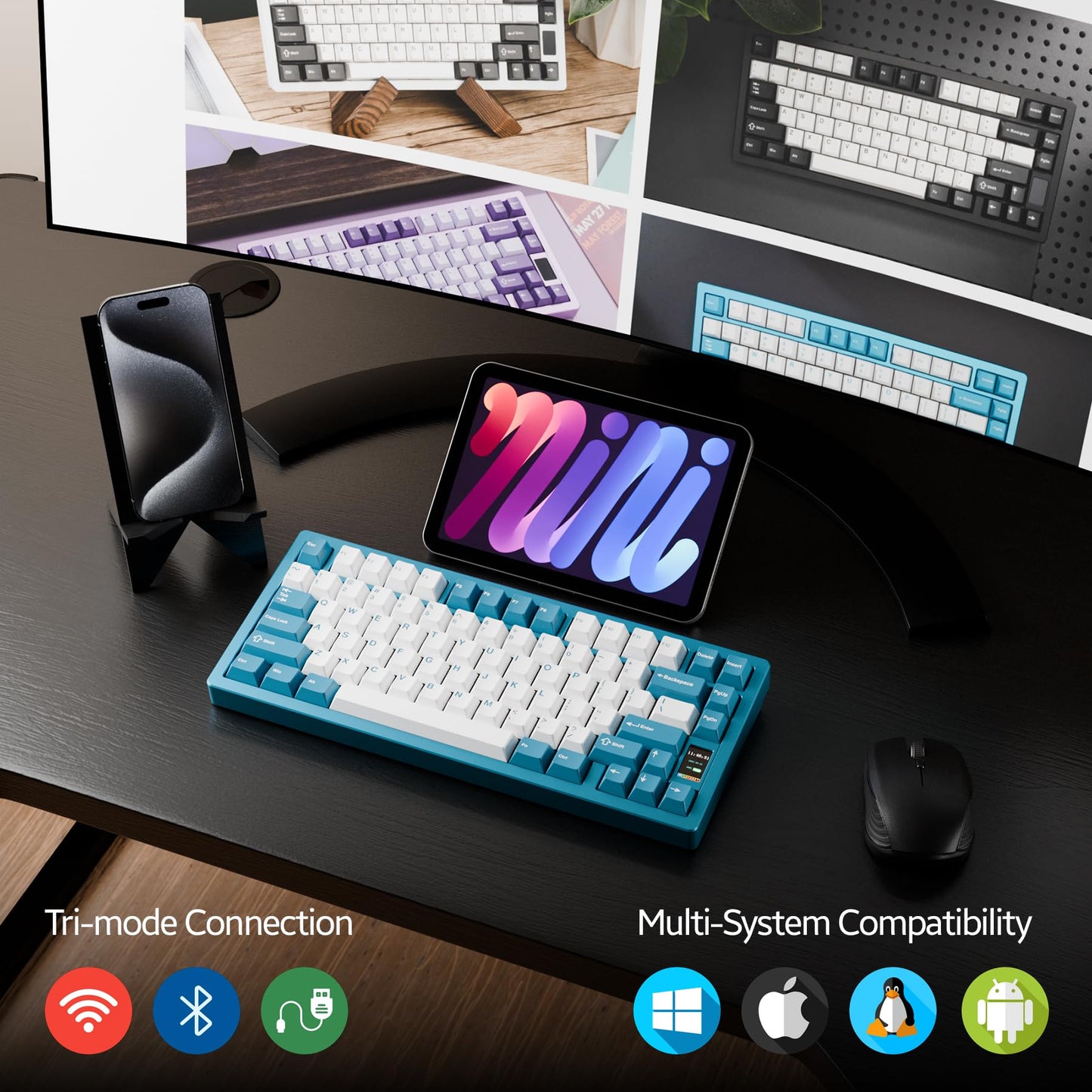 Chilkey ND75 Aluminum Keyboard 75% Percent Wireless Gaming Mechanical Keyboard with LCD Screen, Quick Assembly, BT/2.4G/USB-C, Hot Swappable Per-Key RGB Custom Blue Key Board for Laptop Office PC