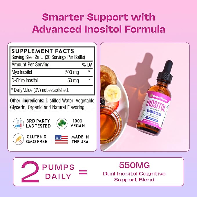 Inositol Supplement - Pure & Potent Myo-Inositol Vitamins for Women - Vegan, Easy Liquid Dose - Non-GMO Liquid Drops to Support Mental Clarity, Cellular Health and General Wellness (Mixed Berry, 60ml)