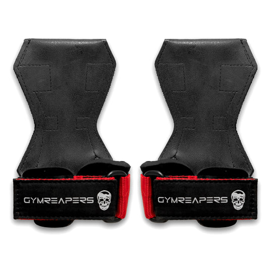 Gymreapers Weight Lifting Grips (Pair) for Heavy Powerlifting, Deadlifts, Rows, Pull Ups, with Neoprene Padded Wrist Wraps Support and Strong Rubber Gloves or Straps for Bodybuilding (Red, Small)