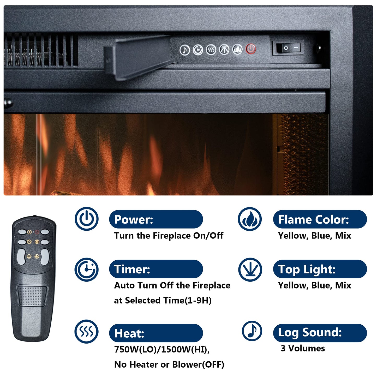 Velaychimney 33 Inches Electric Fireplace Insert, 750W/1500W Fireplace Heater with Adjustable Flame and Top Light Colors, Fire Crackling Sound, Remote Control, Timer, Glass Door & Mesh Screen, Black