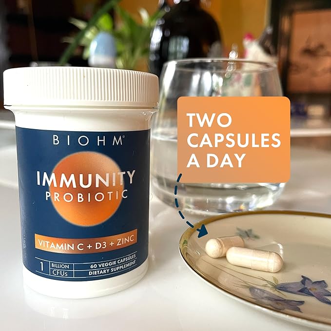 BIOHM Immunity Probiotic with Vitamin C, D3 & Zinc, 1 Billion CFU (60 Capsules) Daily Probiotics for Women & Men, Digestive Health & Immune Support, Vegan, Gluten-Free and Non-GMO