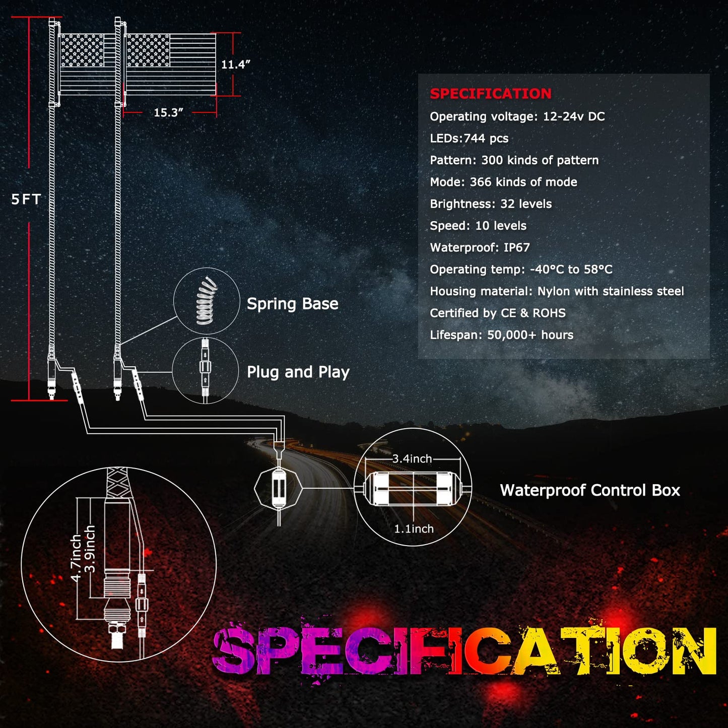 OFFROADTOWN 5FT LED Spiral RGB Whip Lights 2PCS w/RGB Chasing/Dancing Light, RF Remote Control, Lighted Antenna for UTV ATV RZR SXS Truck Polaris Can-Am