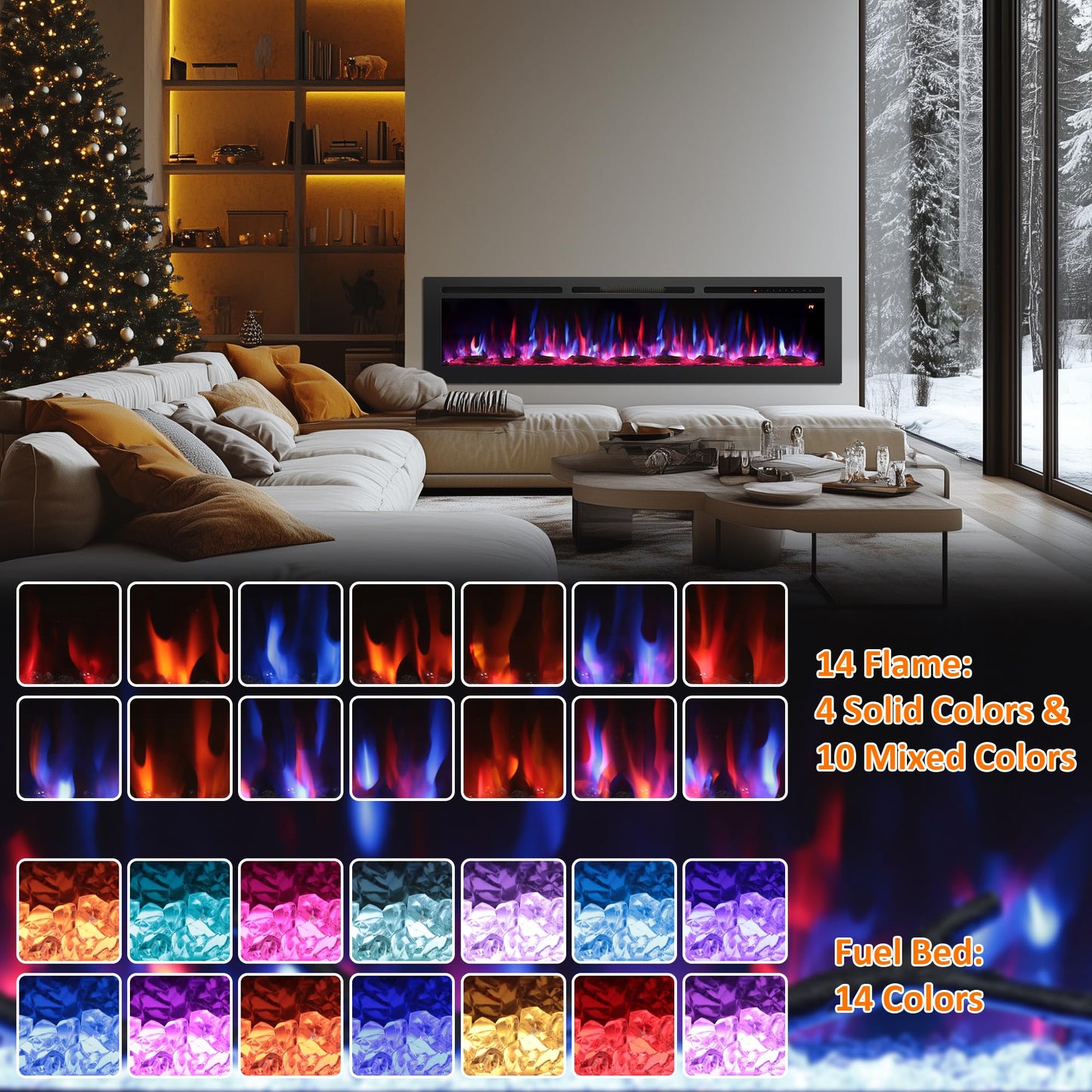Rodalflame 54" Electric Fireplace Inserts, Adjustable Flame&Speed, Thermostat Heater, Recessed, Wall Mount, Freestanding, Brightness, Child Lock, Timer