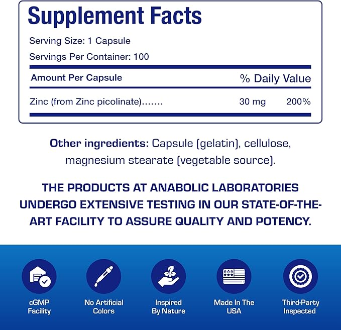 Chelated Zinc Picolinate 30mg - Clinically Formulated High Potency Zinc Supplement for Women & Men for Healthy Skin Bone & Immune System Support - Vegan Non-GMO & Easy to Swallow - 100 Servings