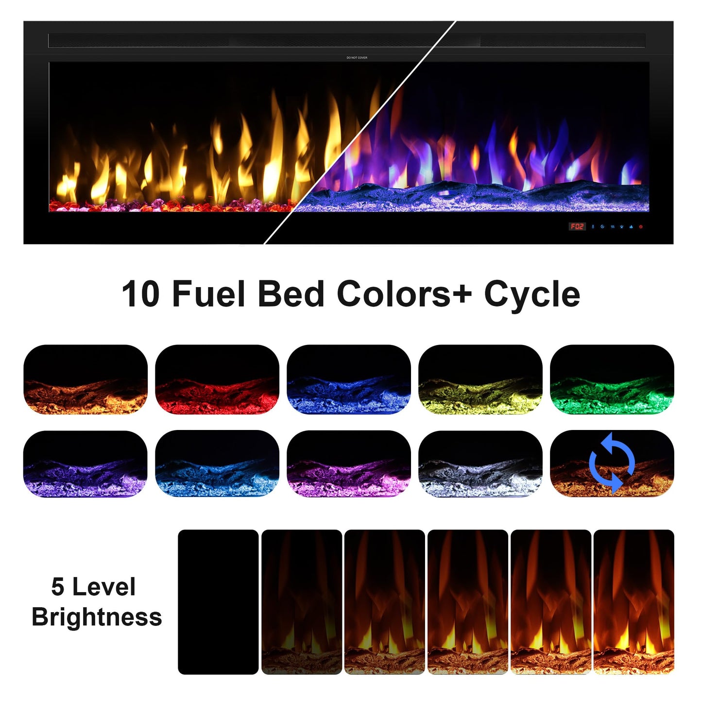 Kentsky 48" Electric Fireplace, Wall Mounted & Insert Electric Fireplace, W/Mixed Color Flame, Adjustable Brightness & Speed, 0-8H Timer, Thermostat, 750w/1500w, Balck