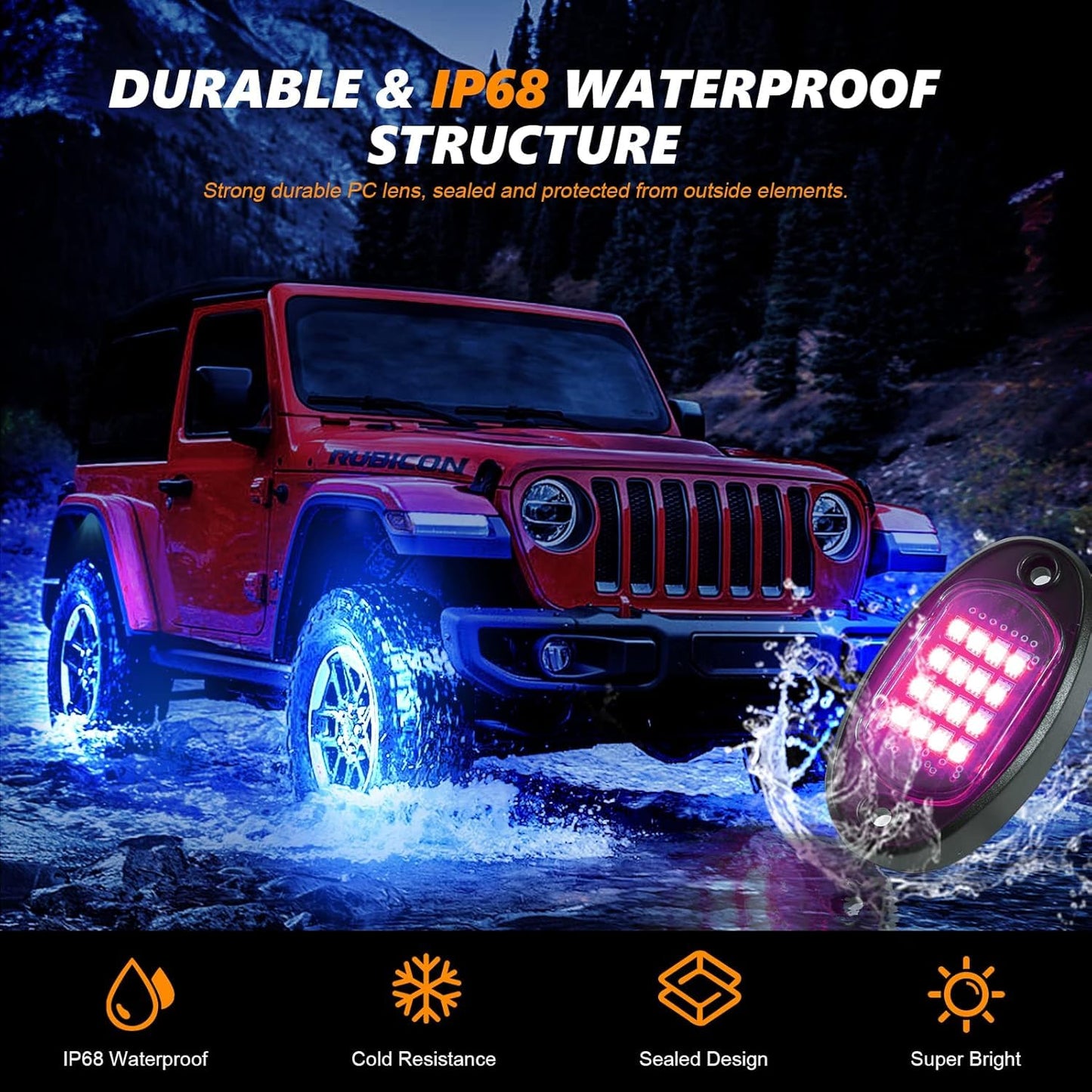 20 Pods RGB LED Rock Lights for Semi Trucks Offroad Pickup Trailer Sedan Boat, 12V Waterproof Dual Zone APP/RF Control Music Mode Brake Light Red Green Blue Underglow Neon Kit with Extension Wires