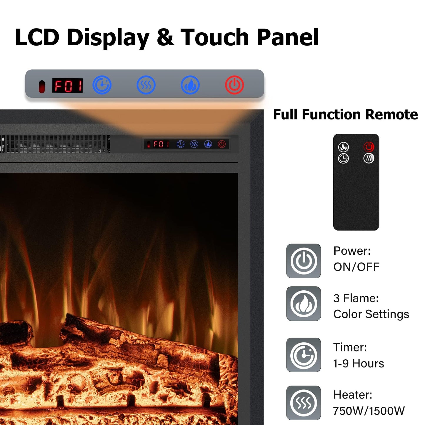 Rodalflame 28" Width Electric Fireplace Inserts with Adjustable Flame Colors, Fireplace Heater with Touch Screen & Remote Control, Recessed in Wall, 750/1500W, Timer