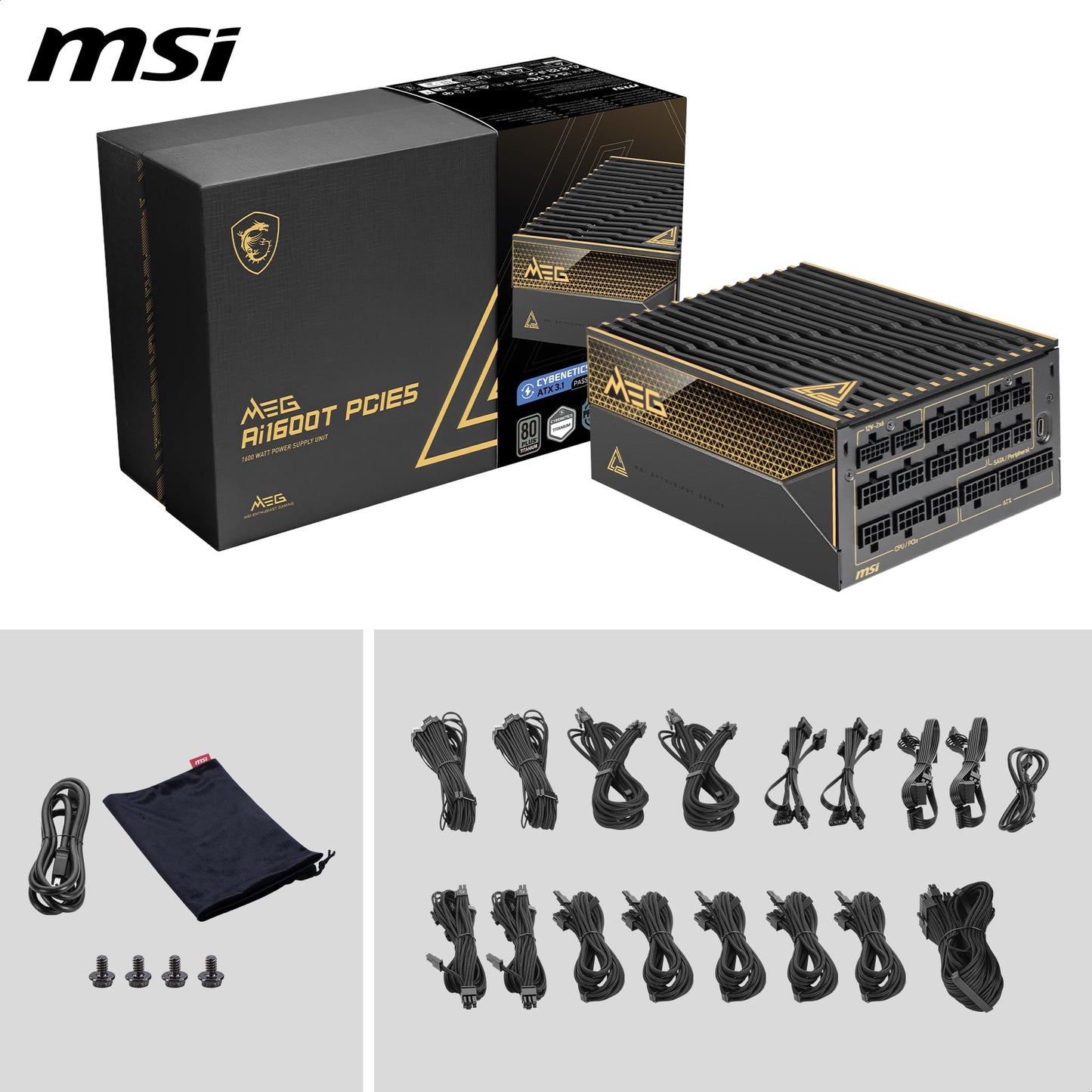 MSI MEG Ai1600T PCIE5 ATX 3.1 Gaming Power Supply - Full Modular - 80 Plus Titanium Certified 1600W - 100% Japanese 105°C Capacitors - ATX PSU - 12 Year Warranty