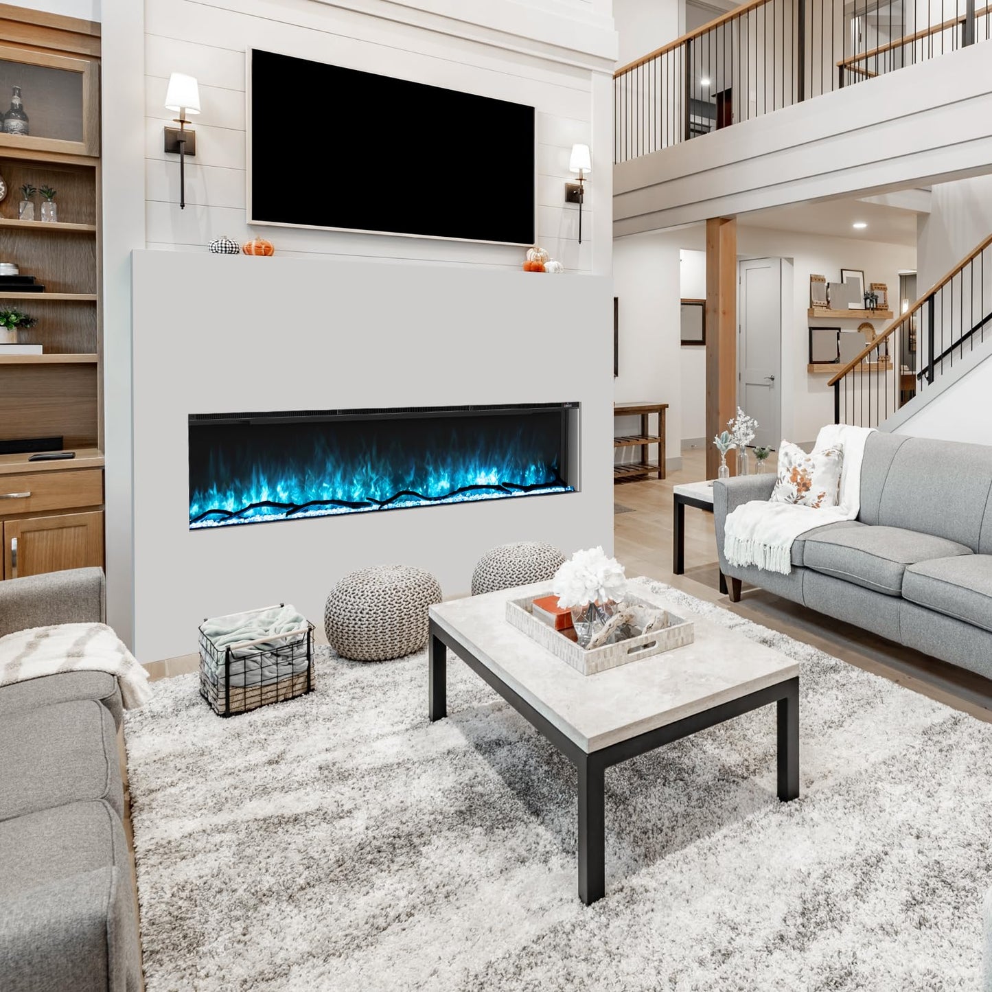 Crumisy 3 Sided Fireplace, 60 inch Fire Place Electric Fireplace Heater, with Realistic Colorful LED Flame, Remote Control, Log and Crystals