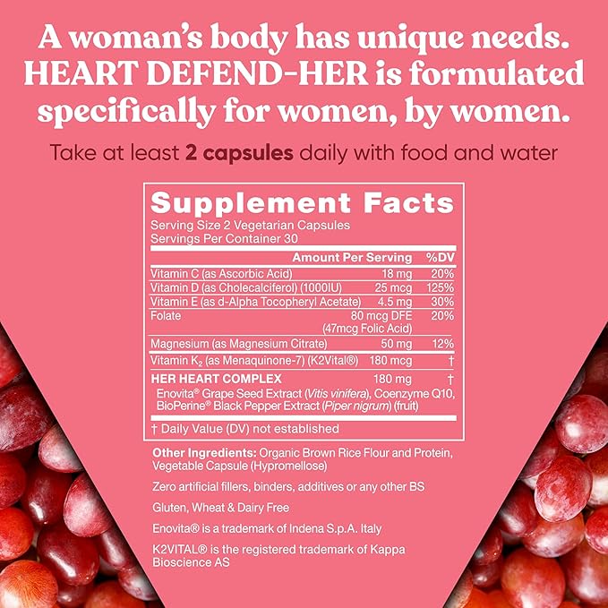 Heart Defend-Her Womens Heart Health Supplements – Advanced 3-in-1 Blend with Grape Seed Extract, Vitamin K2 MK-7, and CoQ10 – Support Blood Pressure, Artery and Bone Strength – 60 Vegetarian Capsules