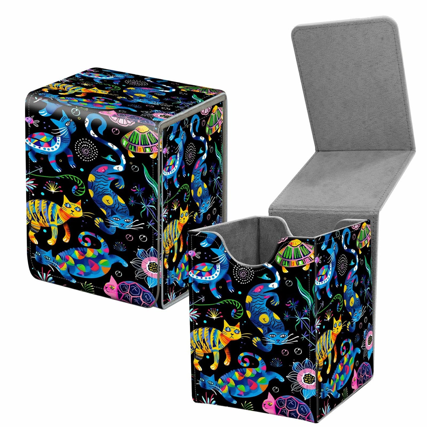 BREIDMKFM Card Deck Box for Trading Cards, MTG Commander Deck Box Fits 100+ Single Sleeved Cards, Leather Magnetic Card Storage Box for YuGiOh TCG CCG Cards, Art Cats