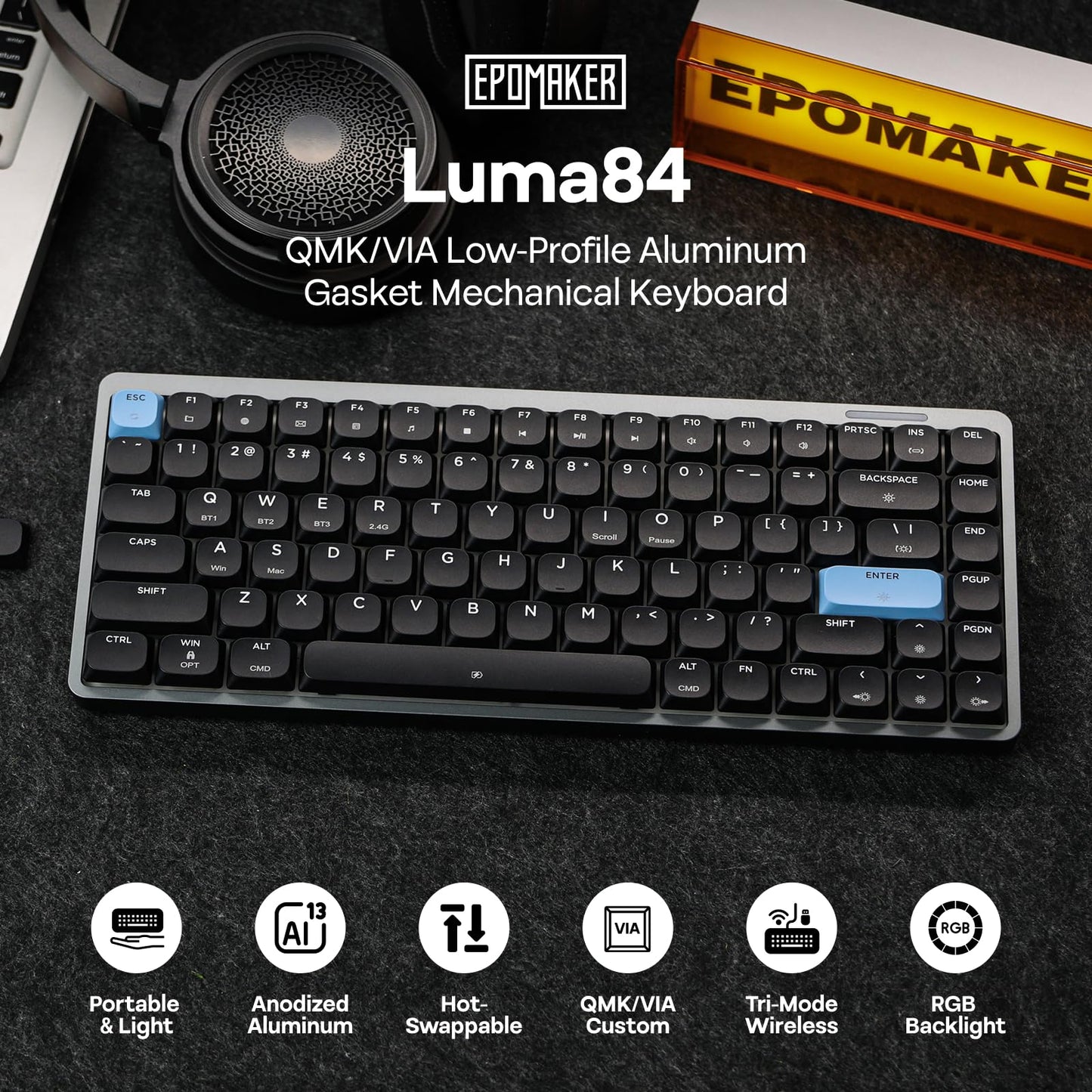 EPOMAKER Luma84 Low Profile Aluminum Mechanical Keyboard, QMK/VIA Programmable, Tri-Mode Wireless, Win/MAC/Linux Compatible, RGB Backlight (Black&Blue, Gateron Low-Profile Red Switch)
