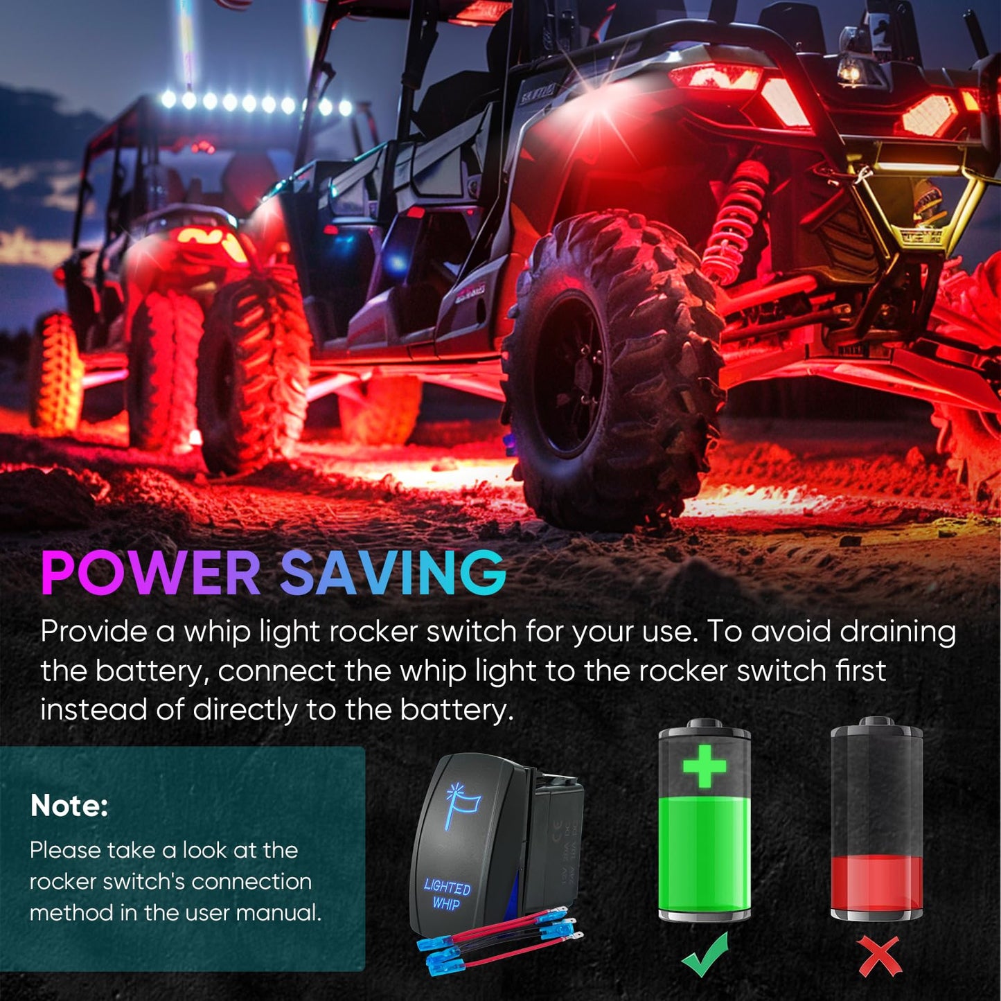 Blogole 4FT Whip Light and Rock Light Combo Kit with Spring Base, Switch, App Control, Universal for UTV/ATV/RZR/SxS/Can-am, 2 Pack