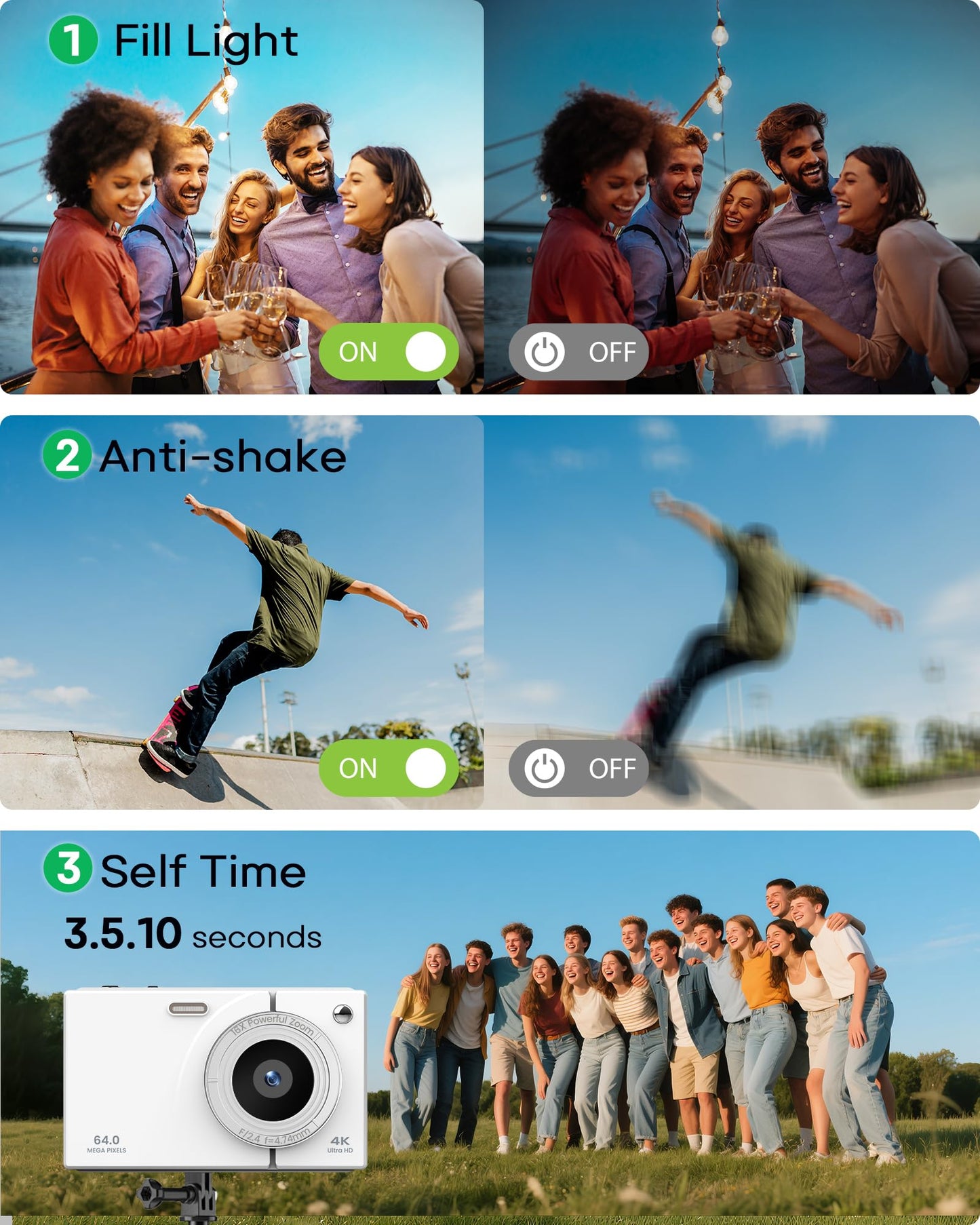 Digital Camera, 4K Vlogging Camera with Autofocus, 64MP, 16X Zoom, 64GB Card Included, Built-in Battery, Compact Digital Camera for Teens Adult Beginners, Ideal for Travel & YouTube - White