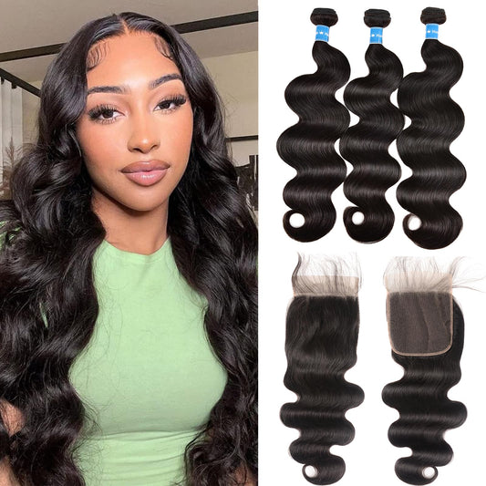 Body Wave 3 Bundles With Closure(26 28 30+20)100% Unprocessed Brazilian Human Hair Bundles With 4X4 Hd Lace Closure Free Part Bo