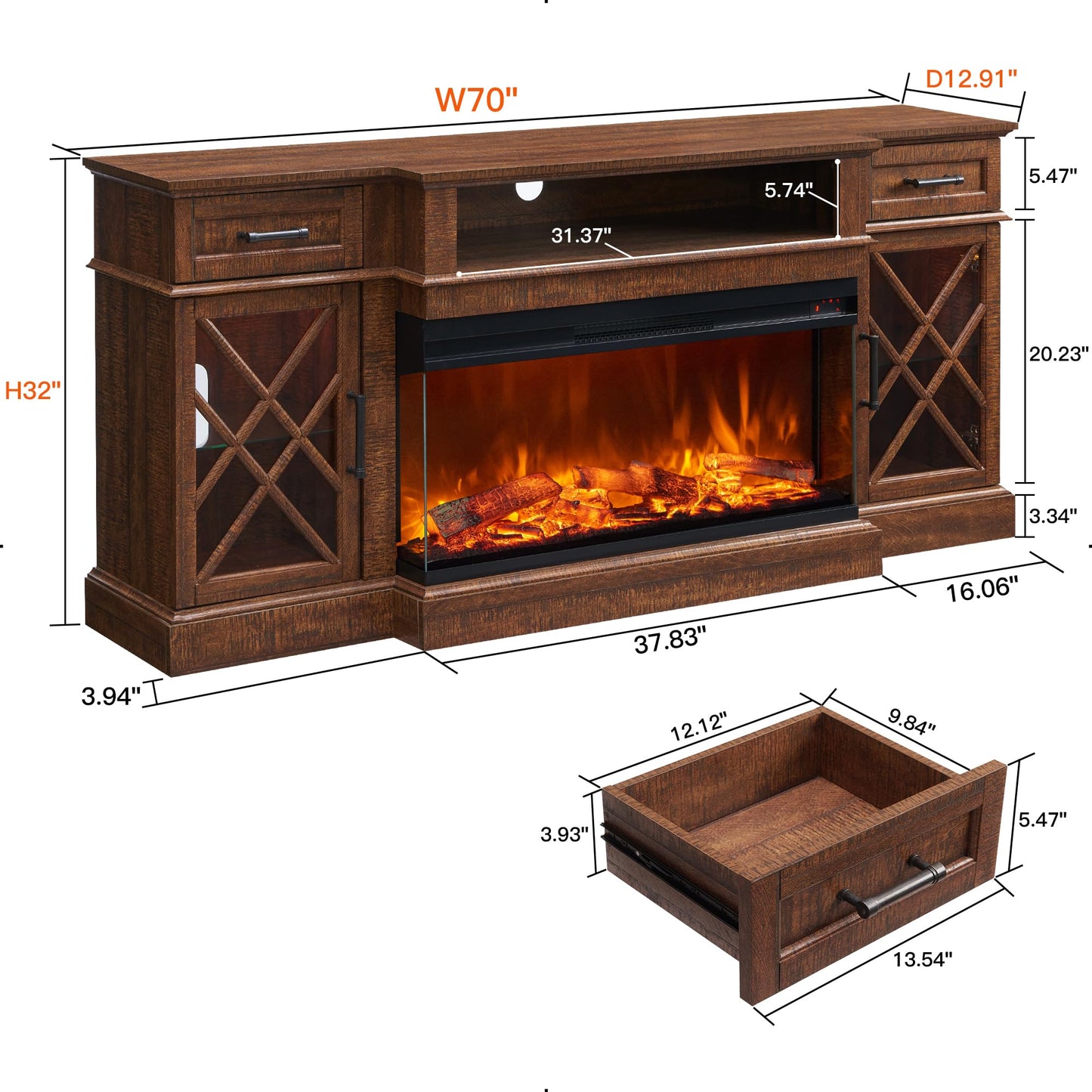 OKD 3-Sided Glass Farmhouse Fireplace TV Stand for TVs up to 80'', Highboy Entertainment Center with Glass Door Storage Cabinet, 70'' Large TV Stands with 36'' Electric Fireplace, Reclaimed Barnwood
