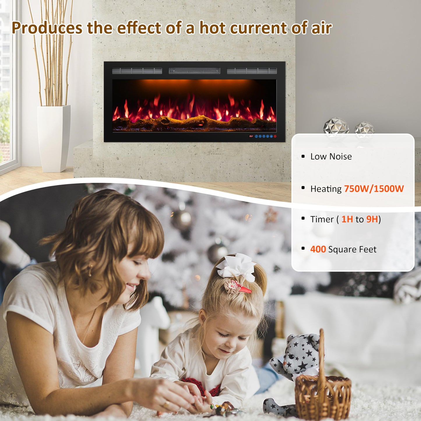 Mystflame 95 Inch WiFi-Enabled Electric Fireplace Inserts & Wall Mounted, Slim Electric Fireplace Heater, 750/1500w, Adjustable Flame Color, Remote Control & Touch Screen, Logs & Crystals, Black