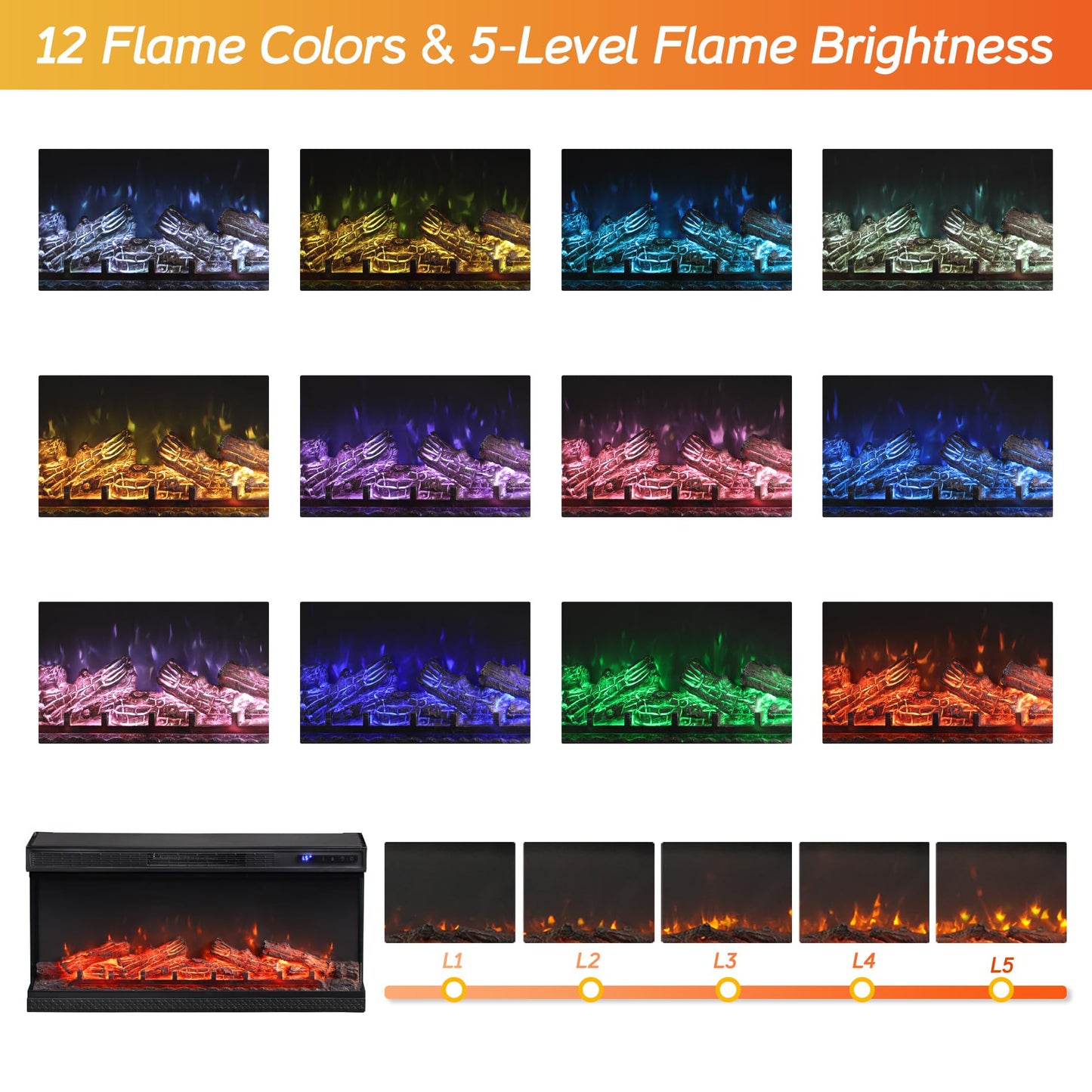 WAMPAT 36 inch 3-Sided Glass Electric Fireplace Insert, Freestanding Fireplace with Remote Control,12-Color Flame, 5 Adjustable Brightness,8 Hour Timer,1400W Fireplace Heater