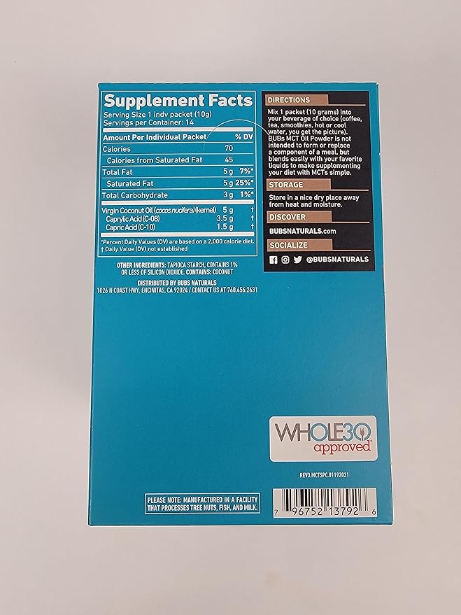 BUBS Naturals MCT Oil Powder Packets - Medium Chain Triglycerides - Keto Vegan & Paleo Friendly - Healthy Coconut Fats + Low Carb - Dairy-Free Energy Source - includes 14 Travel Packets