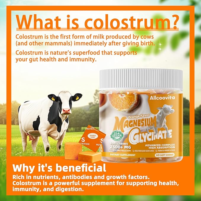 Bovine Colostrum Chews Supplement with probiotics for Gut Health, Bloating, Immune Support, Skin, Hair Growth and Beauty - Orange Flavor (60 Servings)