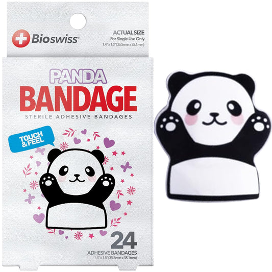 BioSwiss Bandages, Kids Self Adhesive Bandages, Animal Shaped Latex Free Sterile Wound Care Bandage Pack, 24 Count, Panda