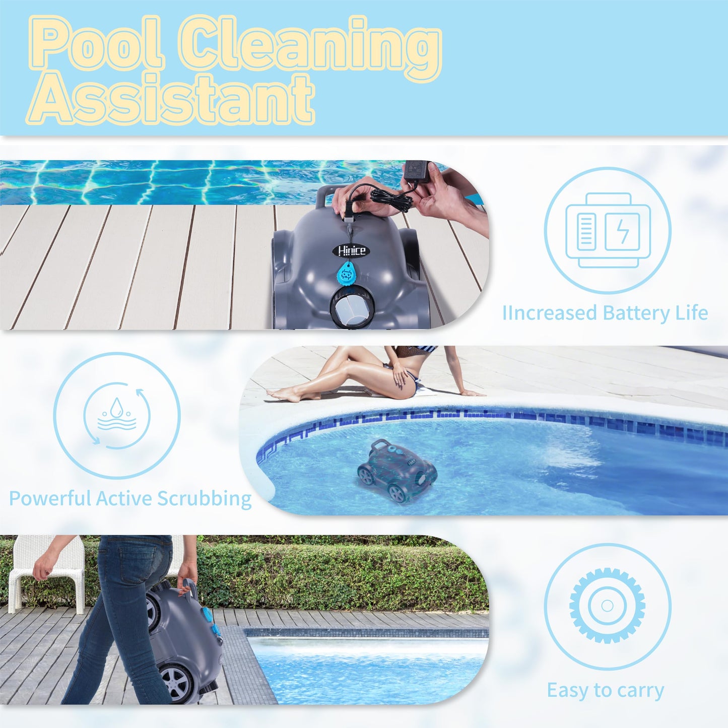 Hinice Cordless Robotic Pool Cleaner,Automatic Pool Vacuum Robot for In-Ground/Above Ground Pools,150 Min Runtime, IPX8 Waterproof, 2200 Sq Ft Coverage (Dark Grey)