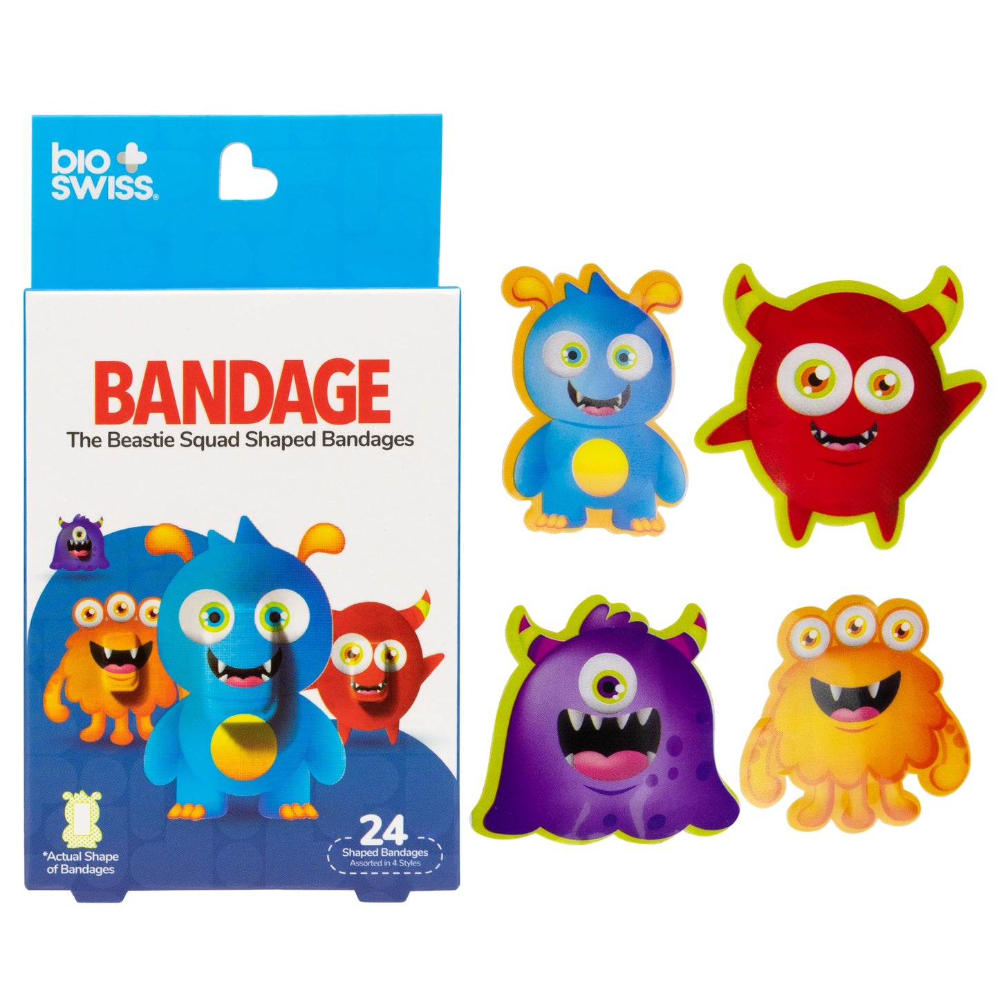 BioSwiss Bandages, Beastie Squad Shaped Self Adhesive Bandage, Latex Free Sterile Wound Care, Fun First Aid Kit Supplies for Kids and Adults, 24 Count