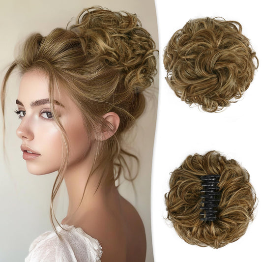 RUWISS Large Messy Bun Hair Piece with Claw Clip Human Hair Bun Wavy Curly Chignon Hair Bun Extensions Updo Hair Pieces for Women Claw Clip Ponytail for Women, Brown with Warm Blonde Highlights