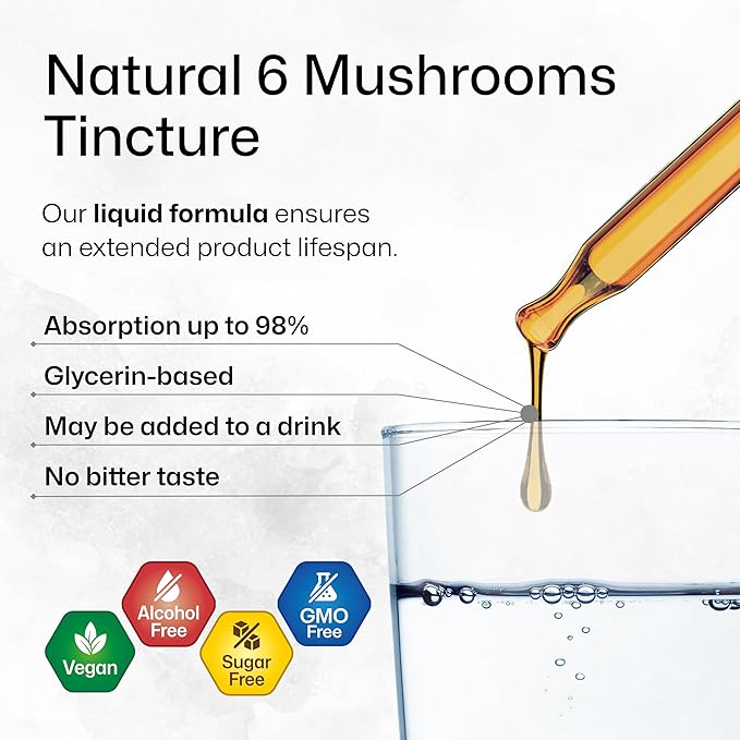 BIO KRAUTER 6 Mushrooms Supplement 6-in-1 - Lions Mane, Shiitake,Turkey Tail, Cordyceps, Reishi & Chaga Liquid Extract - Mushroom Complex Tincture - Vegan Drops 4 Fl.Oz.