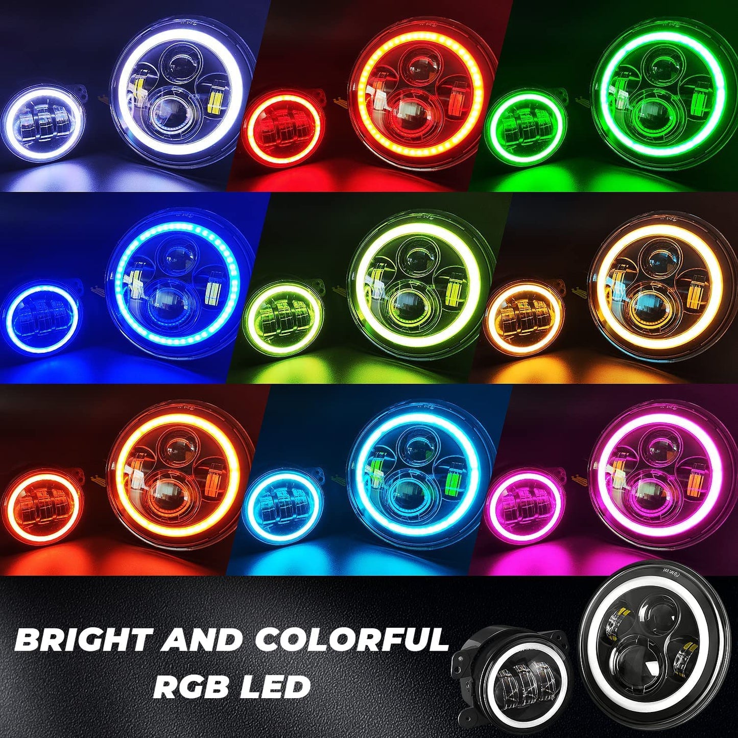 ZiopGTob 7" Inch RGB Halo Headlights & 4" Fog Lights Combo Headlamp Assembly Dual Controlled RGB Light Kits Compatible with 2007-2018 Jeep Wrangler JK JKU