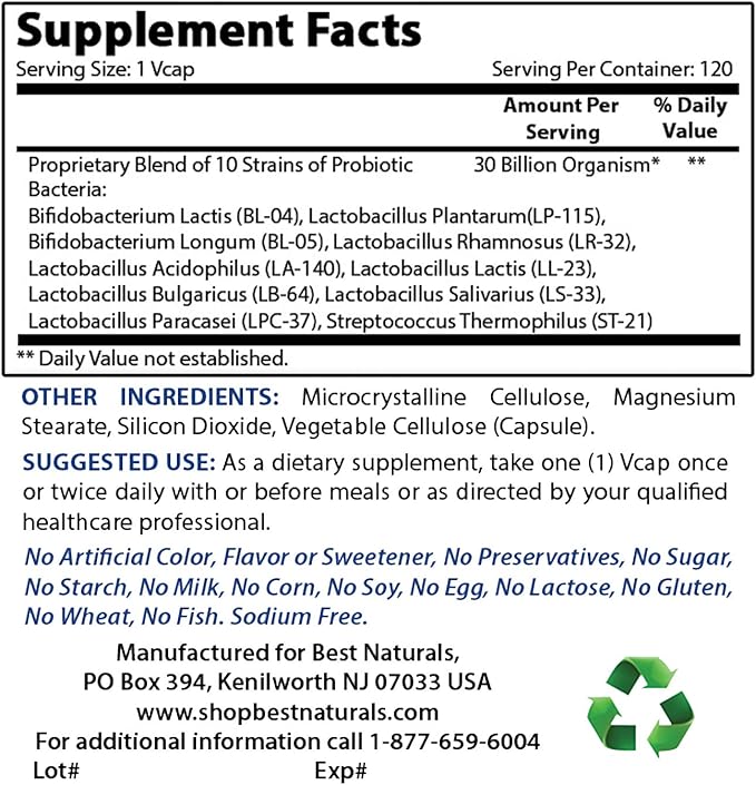 Best Naturals Probiotic 10 Strains & 30 Billion CFU & Magnesium Oxide 500 mg