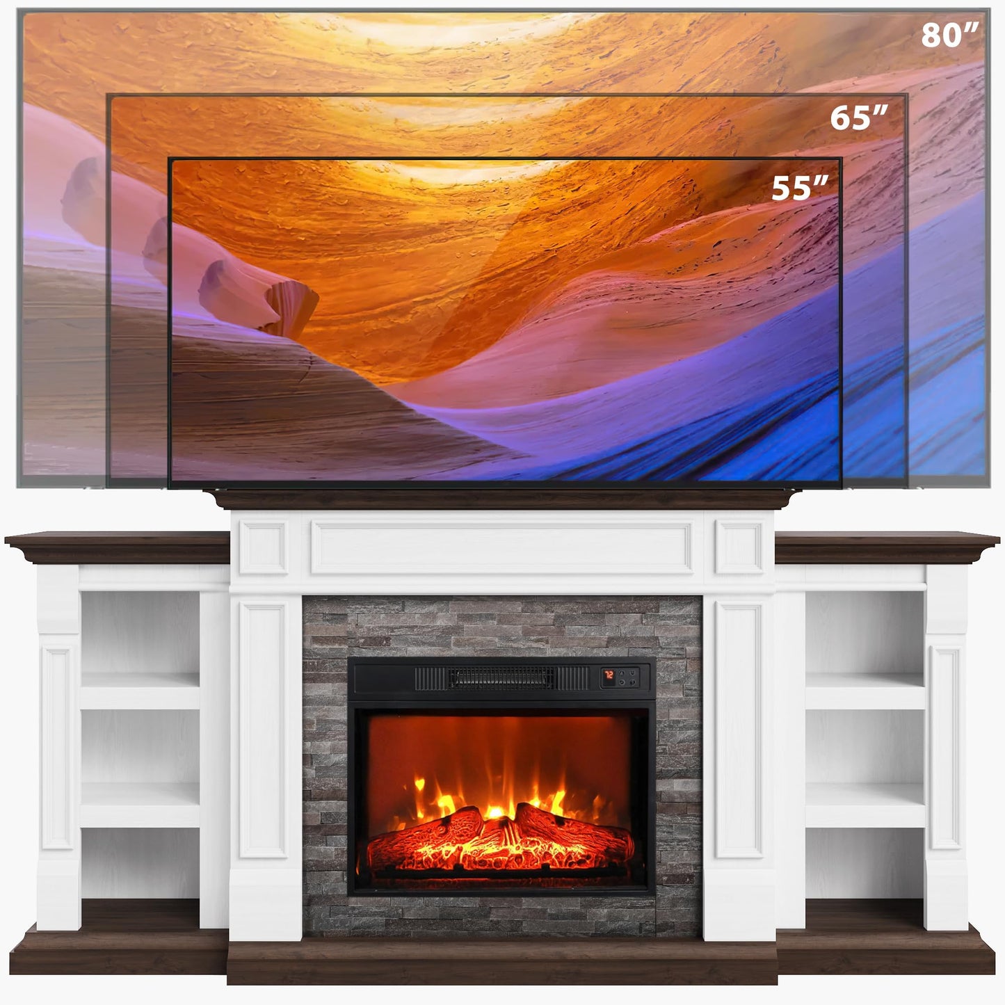 Naice 72" Electric Fireplace with Mantel and Cabinets, Fireplace TV Stand for Living Room Bedroom, Stacked Stone Surround and Remote Control 3D Realistic Flame