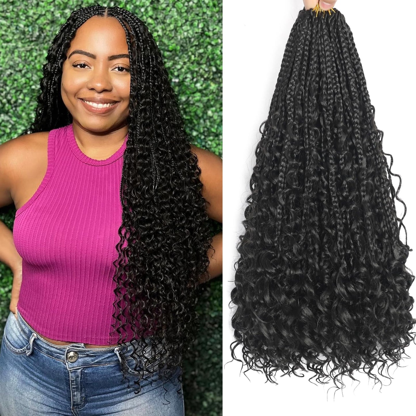 24 Inch Goddess Box Braids Crochet Hair Boho Box Braids Crochet Hair Bohemian Hippie Braids Pre-looped Boho Crochet Braids Natural Black Goddess Braids With Culy End for Woman