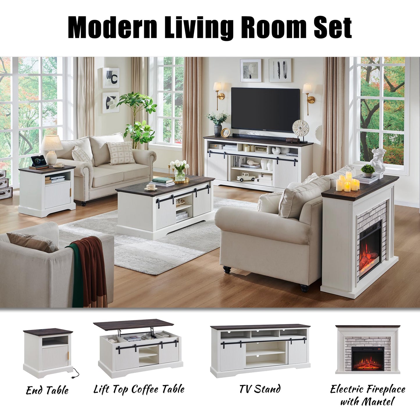 Aitjunz 45" Flip Top Electric Fireplace with Mantel, Electric Fireplace Heater, TV Stand with Freestanding Electric Fireplaces, Remote Control, Adjustable Flame Level for Living Room (White)