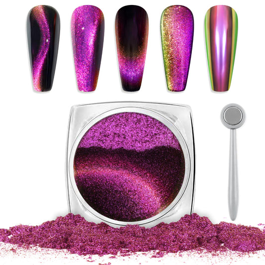 Laza Cat Eye Chrome Nail Powder Chameleon Magnetic Powder 9D Cat Eye Effect Mirror Effect Pigment Dust Magic Galaxy Holographic Effect Glitter with Magnetic Stick for Velvet Nail Art - Purple Gold
