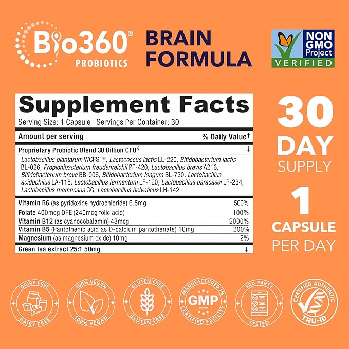 Brain Supplements for Memory and Focus - Supports Brain Health, Mental Clarity & Alertness - Capsules with B5, B6 & B12-30 Billion CFU for Immunity, Digestion & Gut Health - 30 Count